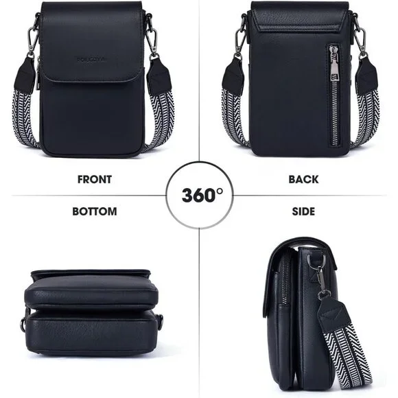 Womens A-black Leather Purses Imported Magnetic Snap Crossbody Zipper Bag - Picture 3 of 6